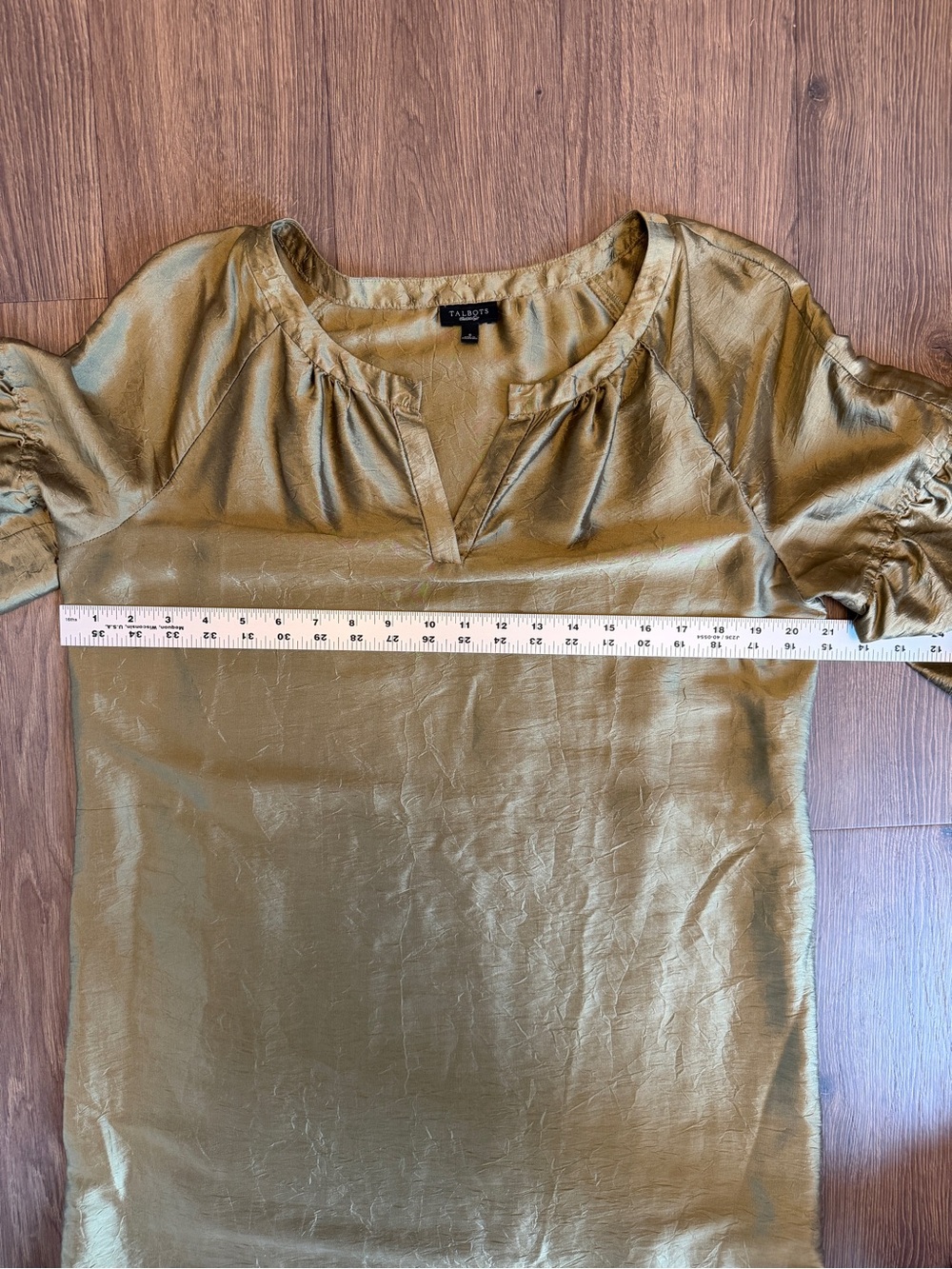 79% Silk! Talbots Shift Dress Small Olive Gold Balloon Sleeve Split Neck Dress - Picture 11 of 14